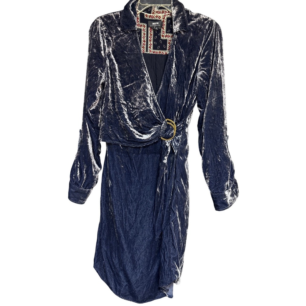 Maeve Anthropologie Navy Blue Crushed Velvet Wrap Dress Gold Ring Size 6 10 3045